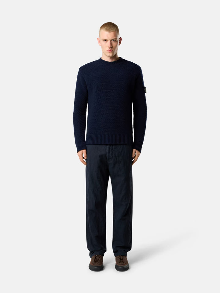 STONE ISLAND - Pull en Laine d'Agneau à Maille Texturée Bleu Marine