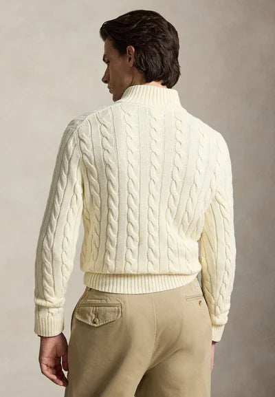 POLO RALPH LAUREN - Pull torsadé col camionneur zippé en coton Crème
