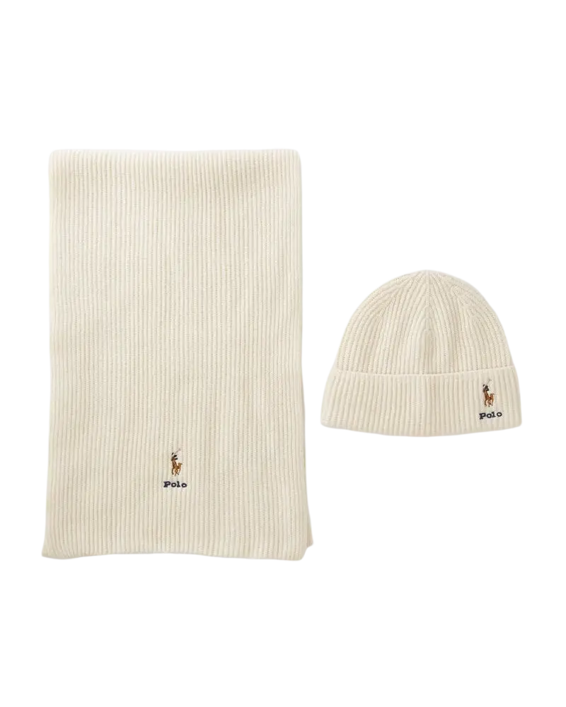 POLO RALPH LAUREN - Coffret bonnet et écharpe en laine côtelée Blanc crème
