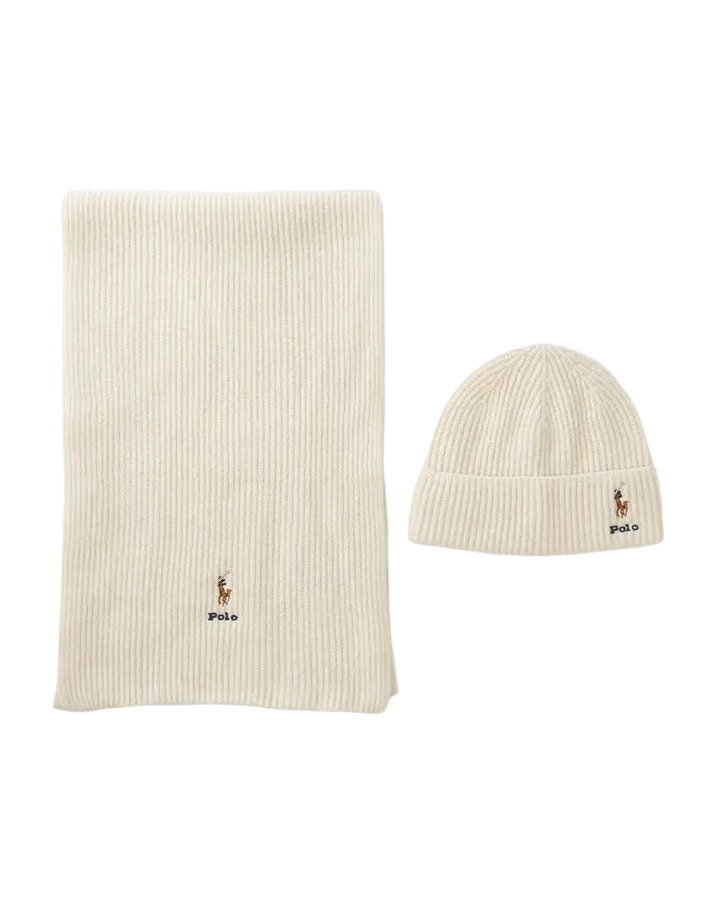 POLO RALPH LAUREN - Coffret bonnet et écharpe en laine côtelée Blanc crème