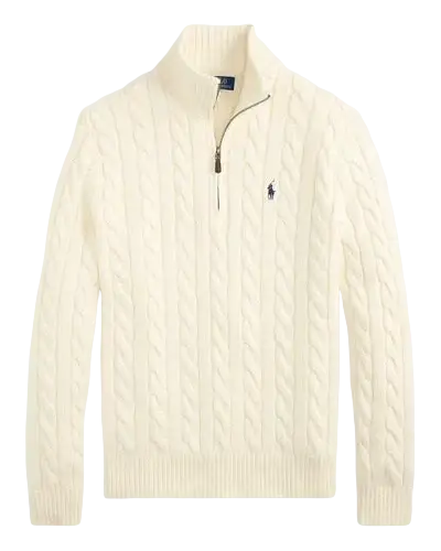 POLO RALPH LAUREN - Pull torsadé col camionneur zippé en coton Crème