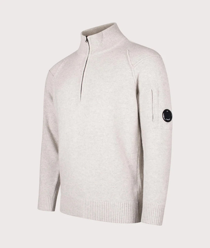 C.P. COMPANY - Pull demi-zippé en laine d'agneau GRS Écru chiné