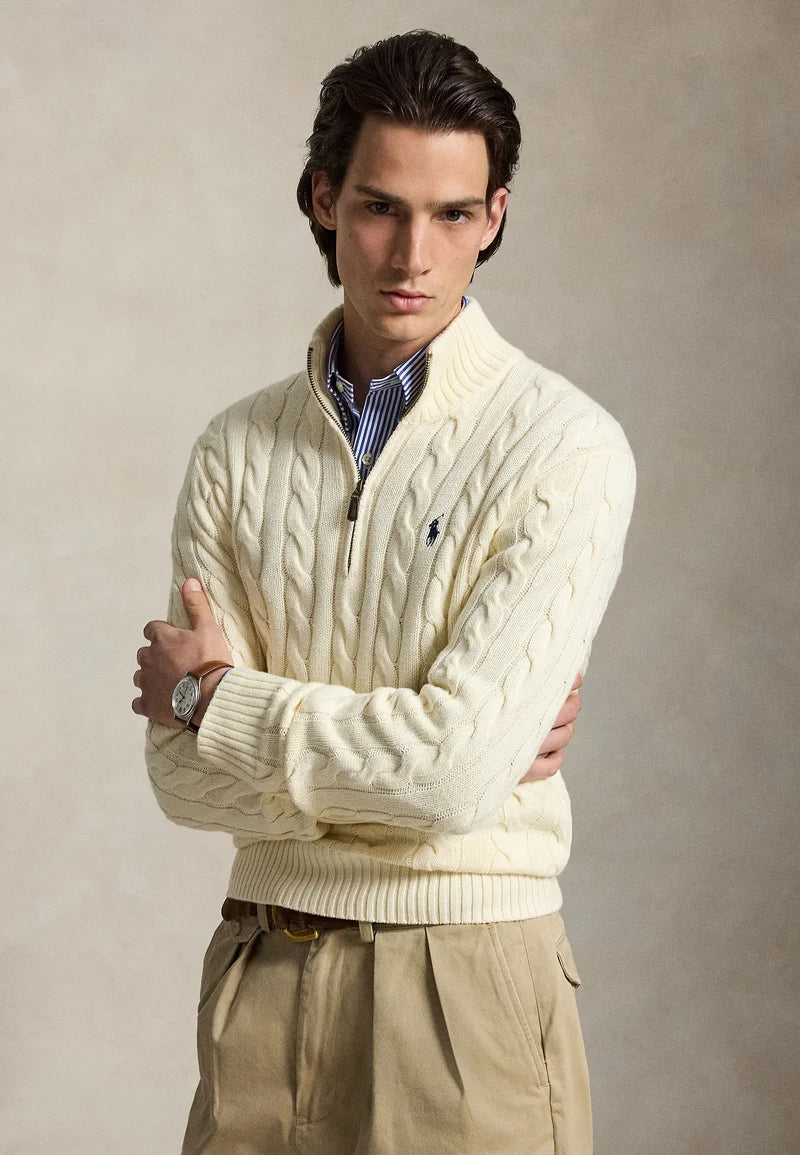 POLO RALPH LAUREN - Pull torsadé col camionneur zippé en coton Crème