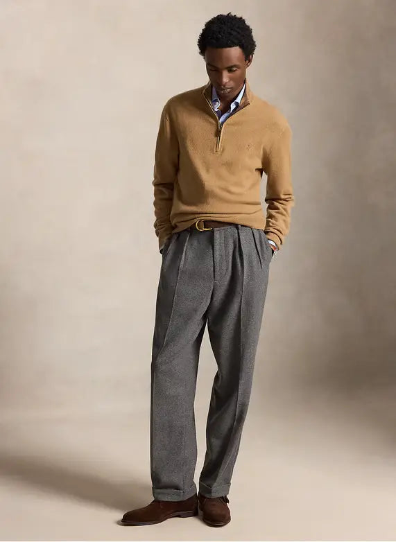 POLO RALPH LAUREN - Pull col montant zippé en laine mérinos Beige chiné