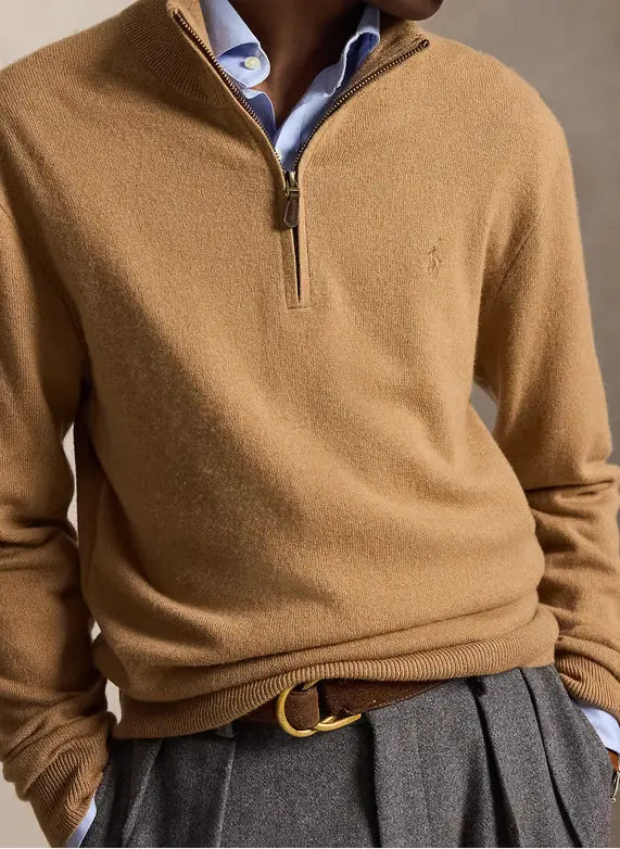 POLO RALPH LAUREN - Pull col montant zippé en laine mérinos Beige chiné
