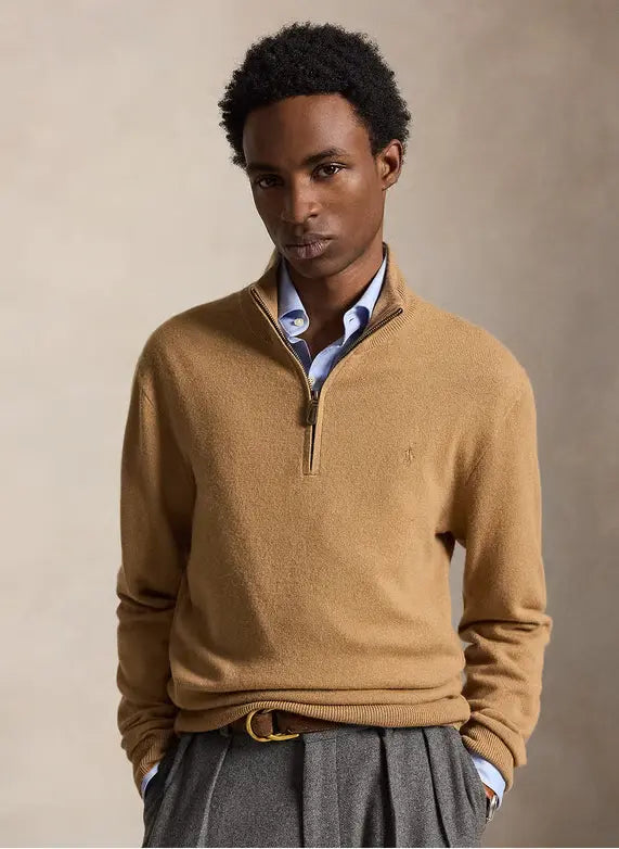 POLO RALPH LAUREN - Pull col montant zippé en laine mérinos Beige chiné