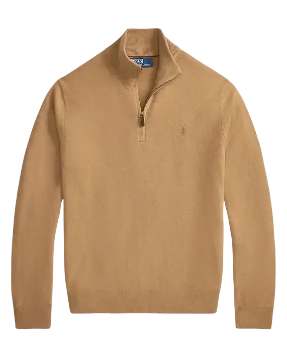 POLO RALPH LAUREN - Pull col montant zippé en laine mérinos Beige chiné