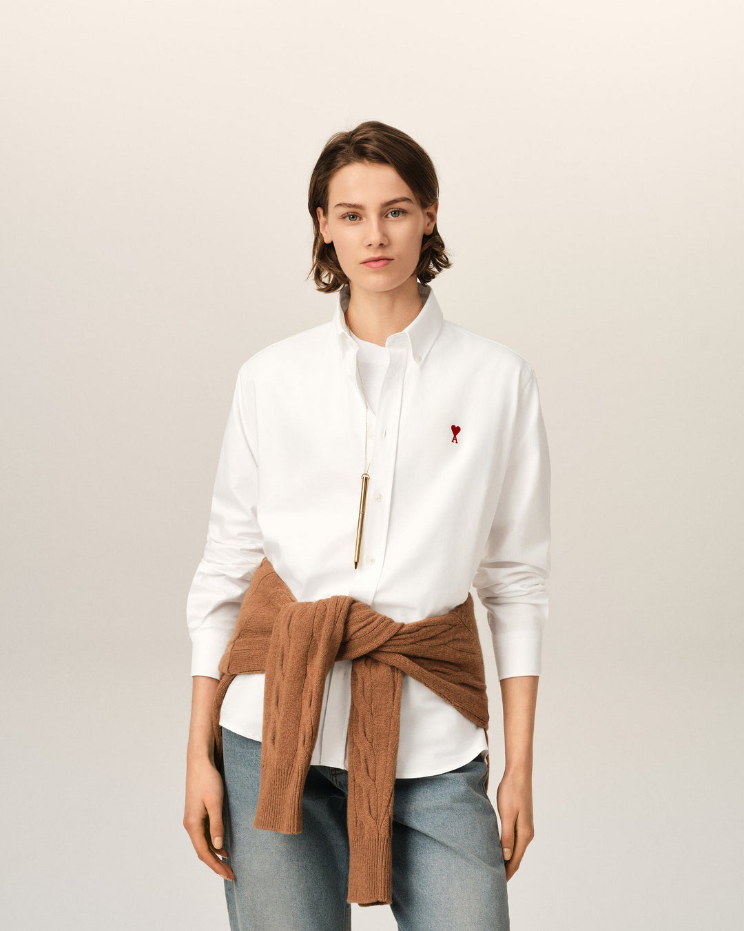 AMI PARIS - Chemise unisexe Ami de Cœur en coton Oxford Blanc naturel