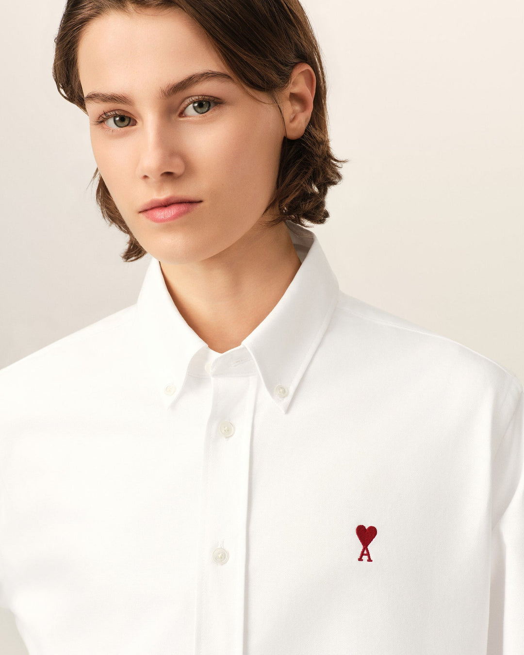 AMI PARIS - Chemise unisexe Ami de Cœur en coton Oxford Blanc naturel