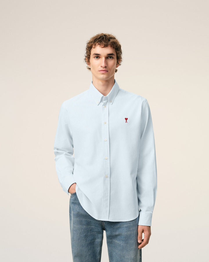 AMI PARIS – Chemise Oxford en coton rayé Ami de Cœur Bleu ciel / Blanc naturel