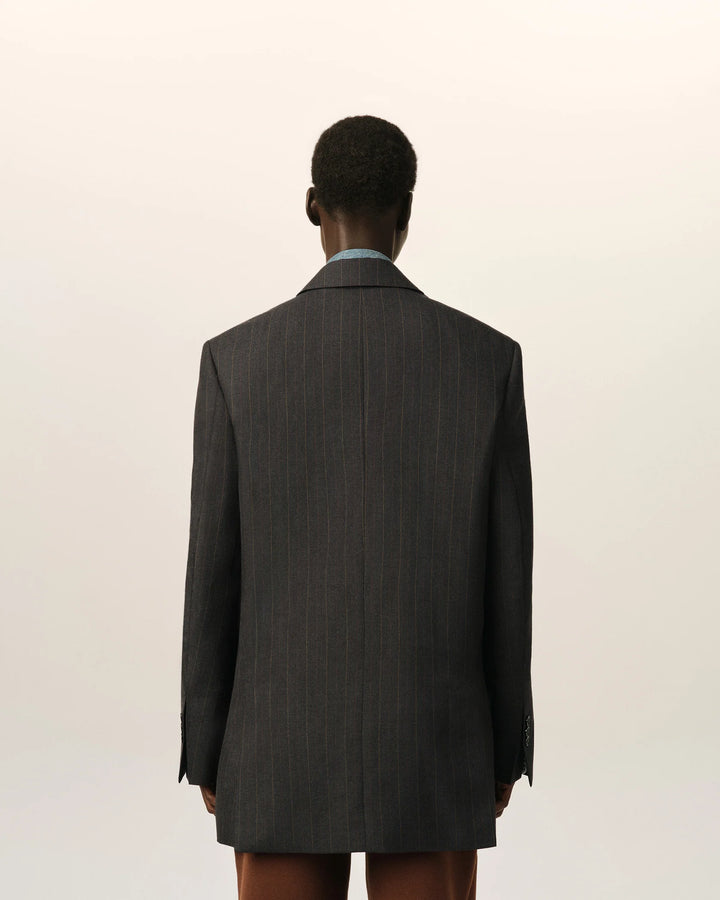 AMI PARIS - Veste rayée double boutonnage en laine Gris carbone / Marron chocolat