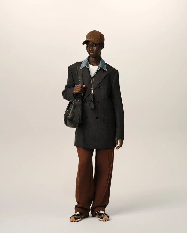 AMI PARIS - Veste rayée double boutonnage en laine Gris carbone / Marron chocolat