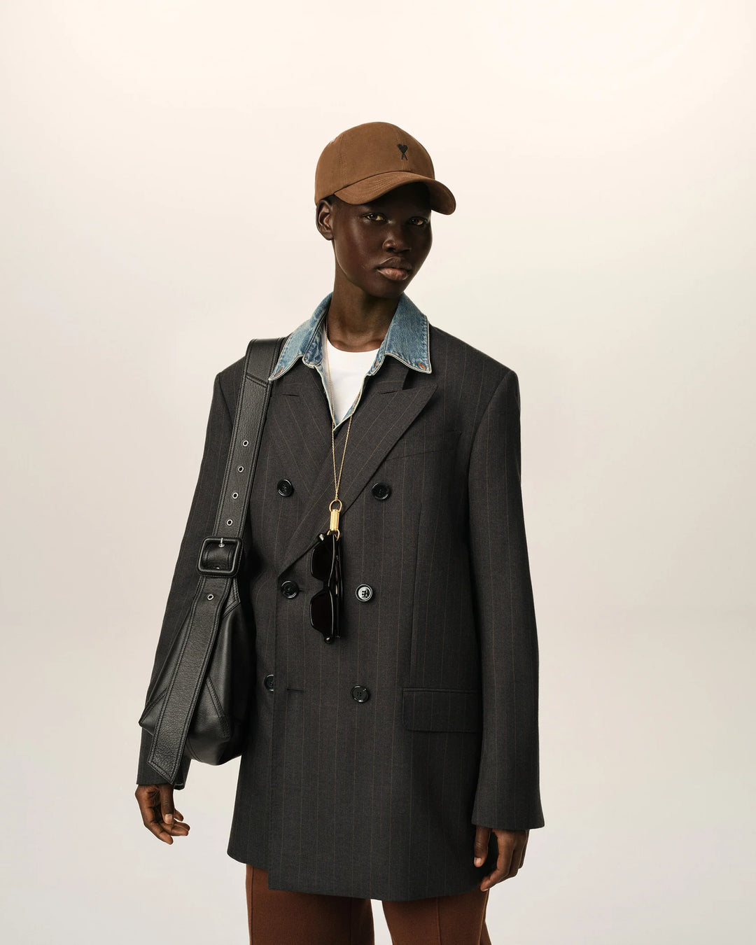 AMI PARIS - Veste rayée double boutonnage en laine Gris carbone / Marron chocolat