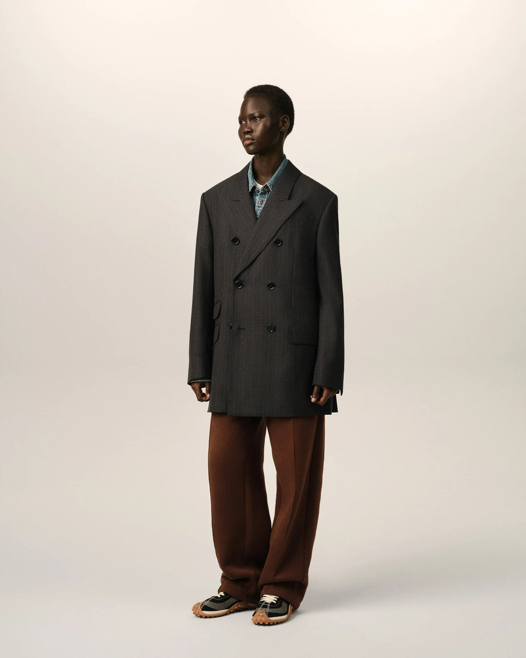 AMI PARIS - Veste rayée double boutonnage en laine Gris carbone / Marron chocolat