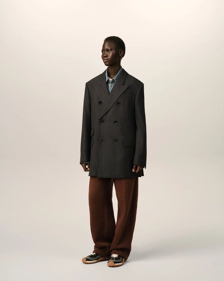 AMI PARIS - Veste rayée double boutonnage en laine Gris carbone / Marron chocolat