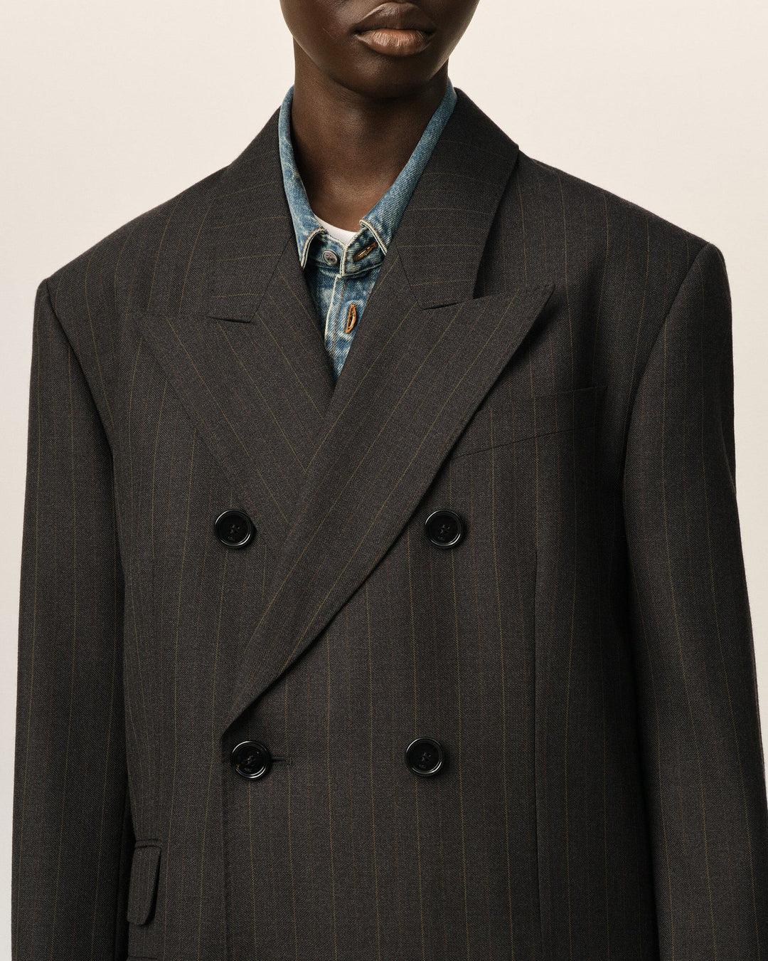 AMI PARIS - Veste rayée double boutonnage en laine Gris carbone / Marron chocolat