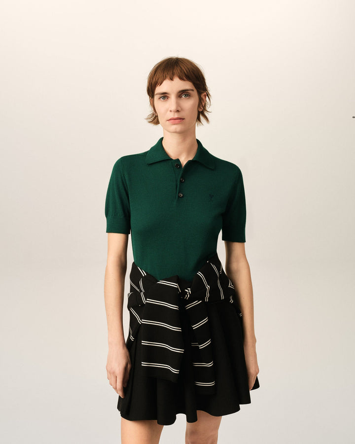 AMI PARIS – Polo en laine Ami de Cœur Vert bouteille / Noir