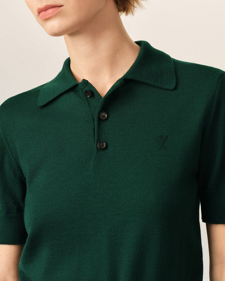 AMI PARIS – Polo en laine Ami de Cœur Vert bouteille / Noir
