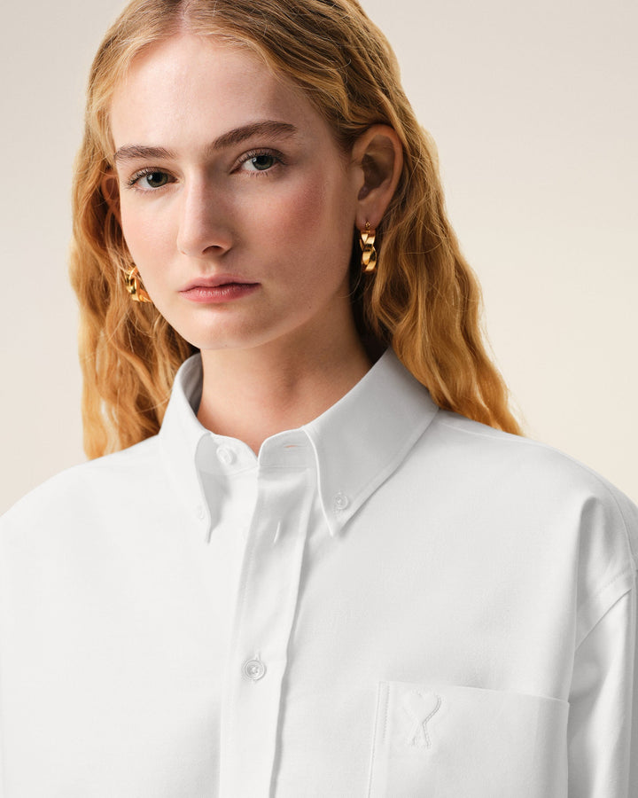 AMI PARIS – Chemise courte en coton Ami de Cœur embossé Blanc naturel