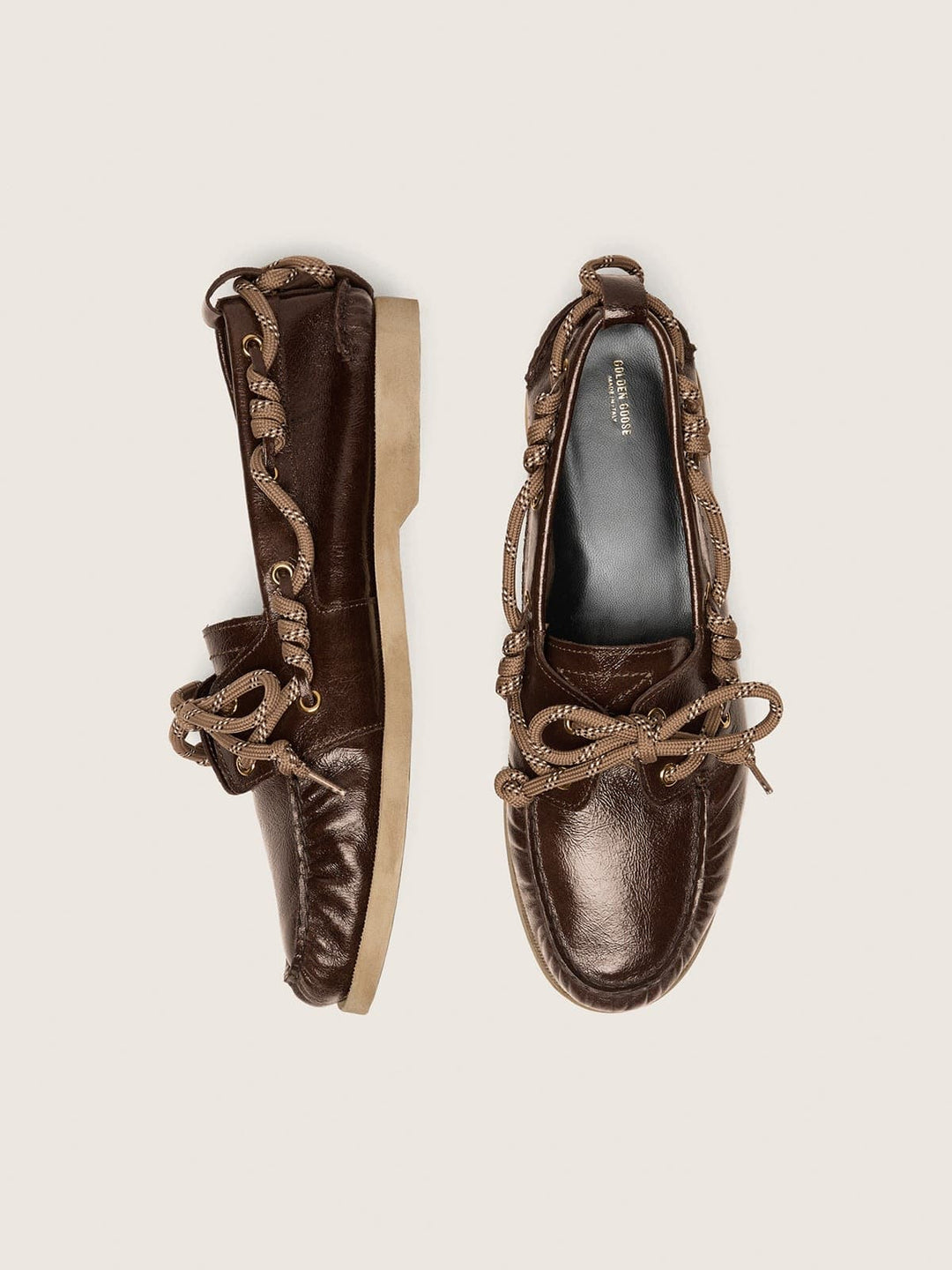 GOLDEN GOOSE - Mocassins Bateau Cruise en Cuir Brillant Marron Foncé