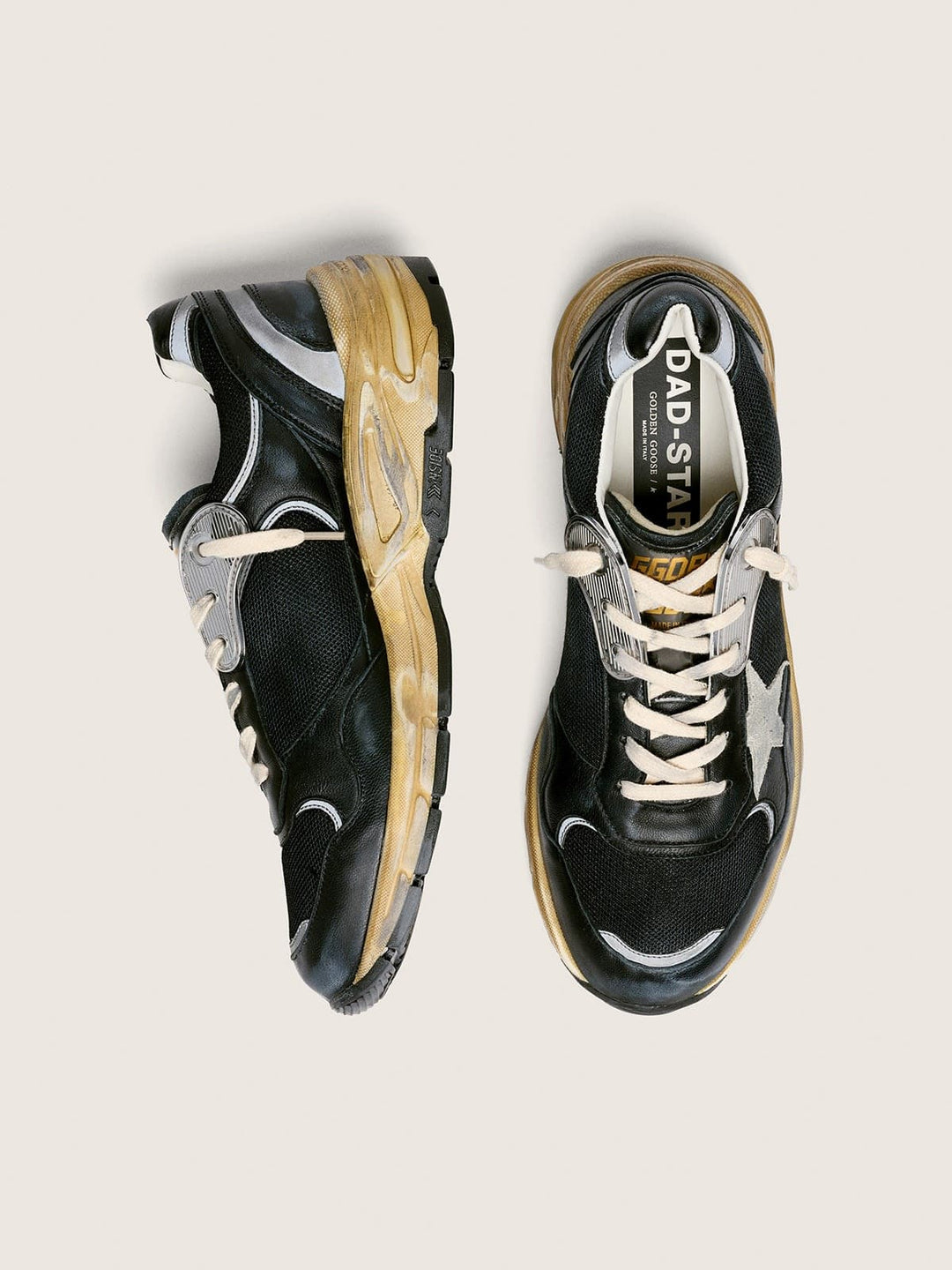 GOLDEN GOOSE - Dad-Star en résille et cuir nappa Noir / Argent / Gris