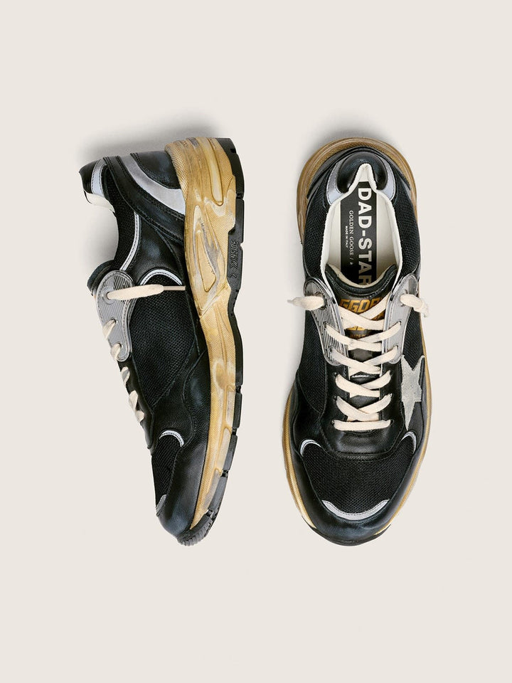 GOLDEN GOOSE - Dad-Star en résille et cuir nappa Noir / Argent / Gris