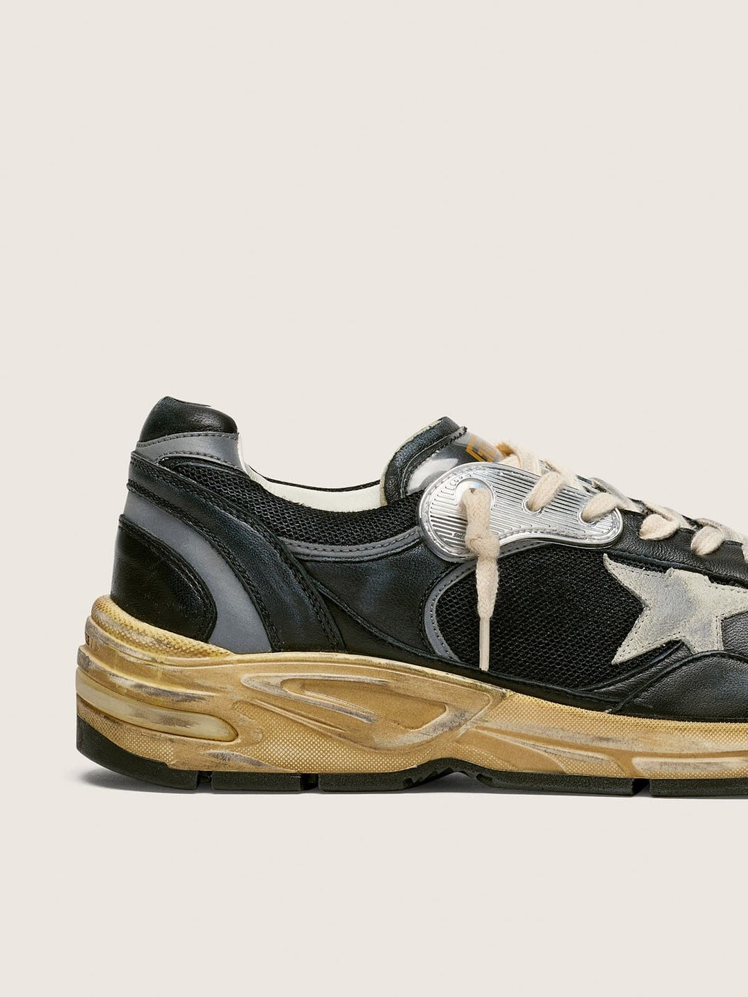 GOLDEN GOOSE - Dad-Star en résille et cuir nappa Noir / Argent / Gris