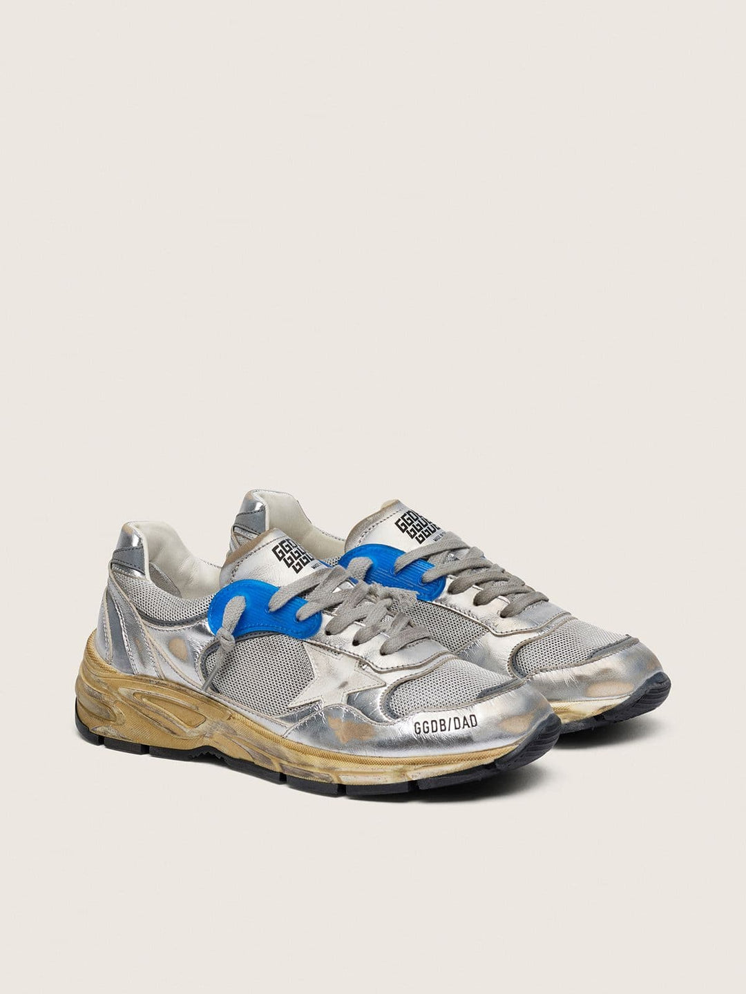 GOLDEN GOOSE FEMME - Dad-Star en cuir lamé et résille Argent / Blanc cassé