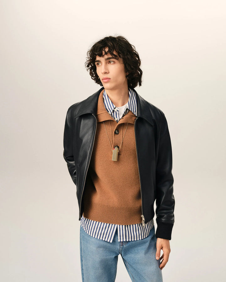 AMI PARIS - Blouson zippé en cuir d’agneau Noir
