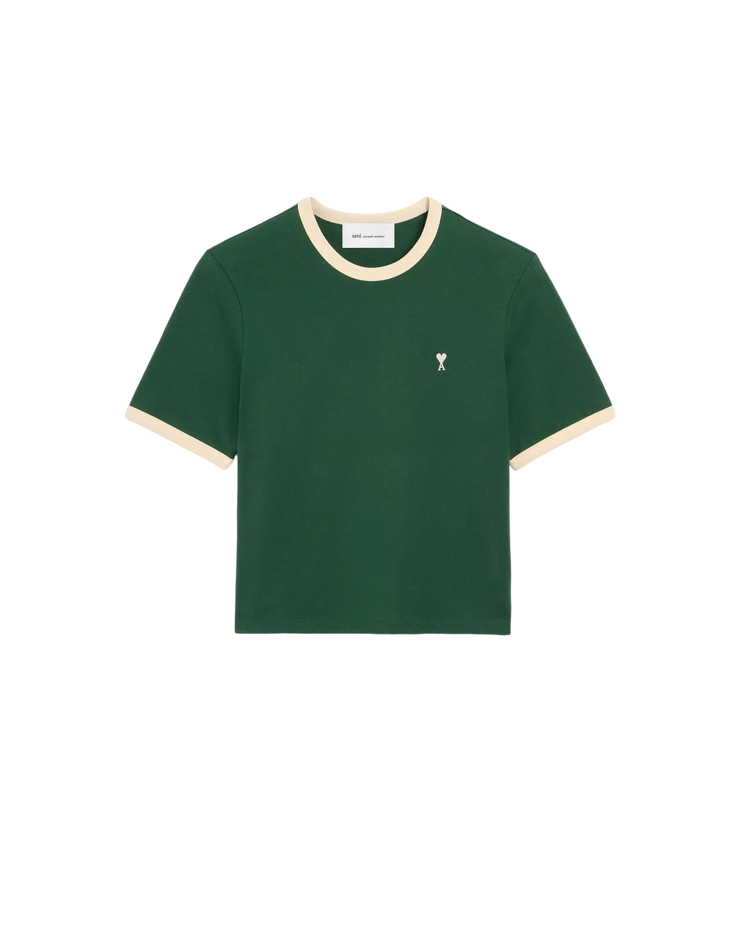 AMI PARIS – T-shirt en coton à détails contrastés Ami de Cœur Vert bouteille / Ivoire