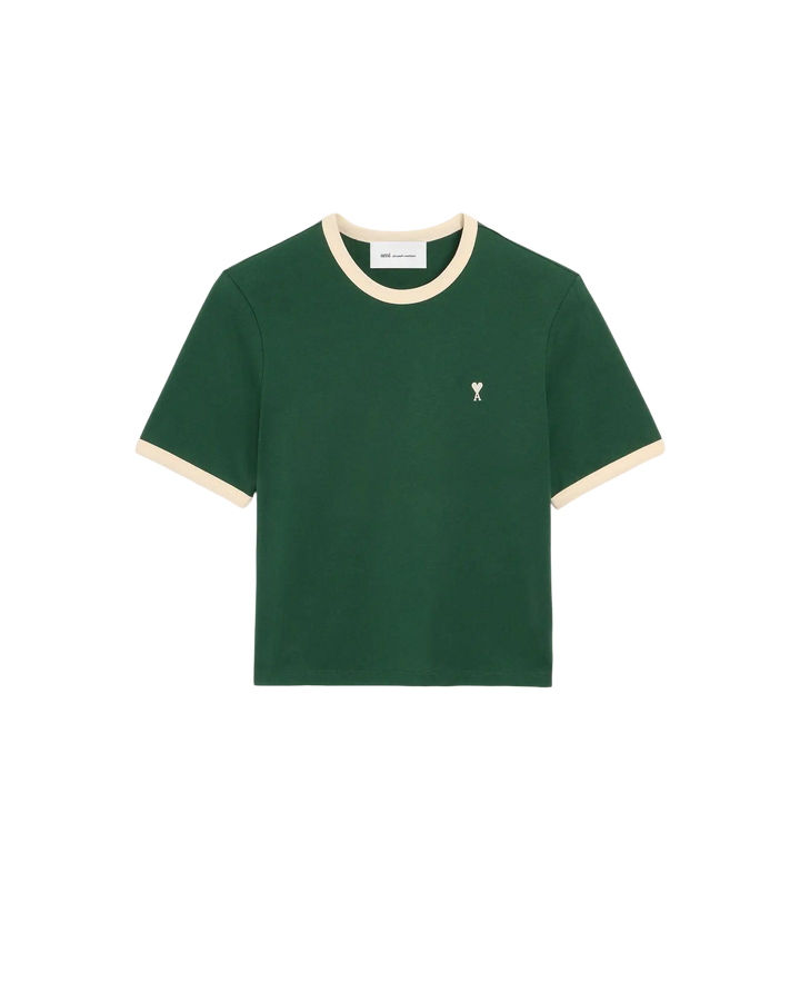AMI PARIS – T-shirt en coton à détails contrastés Ami de Cœur Vert bouteille / Ivoire
