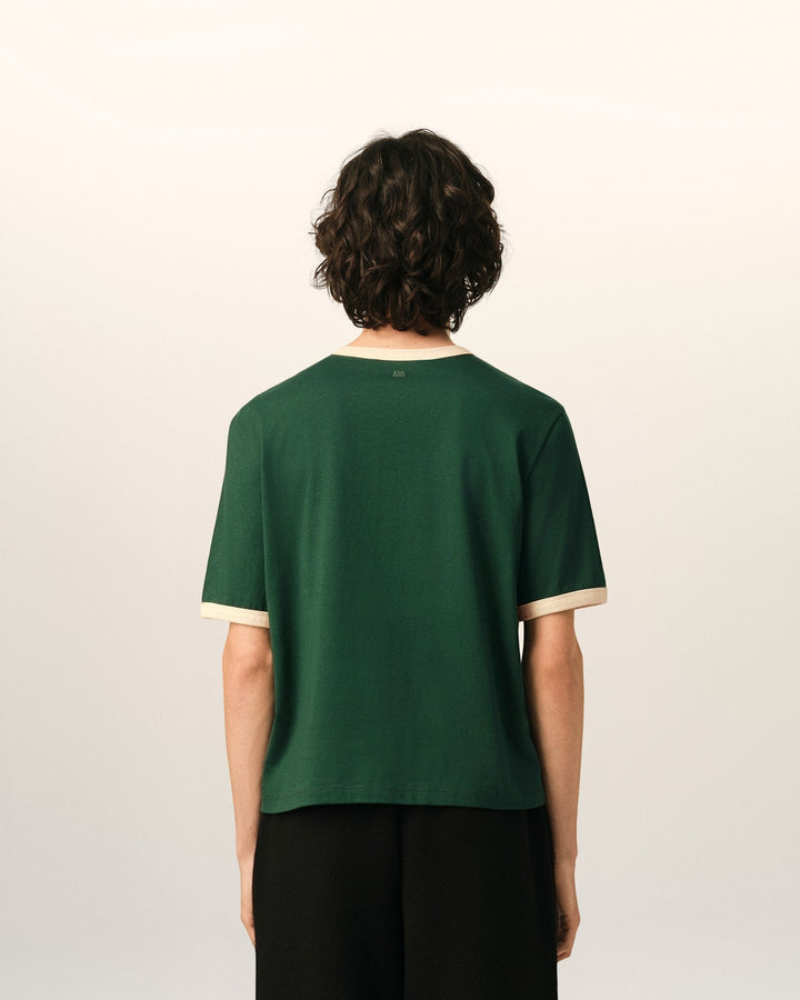 AMI PARIS – T-shirt en coton à détails contrastés Ami de Cœur Vert bouteille / Ivoire
