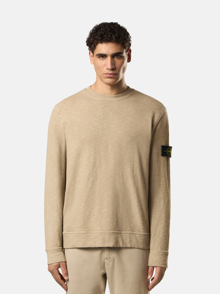 STONE ISLAND - Sweat-shirt ras-du-cou en jersey épais  de coton gratté et vanisé Beige