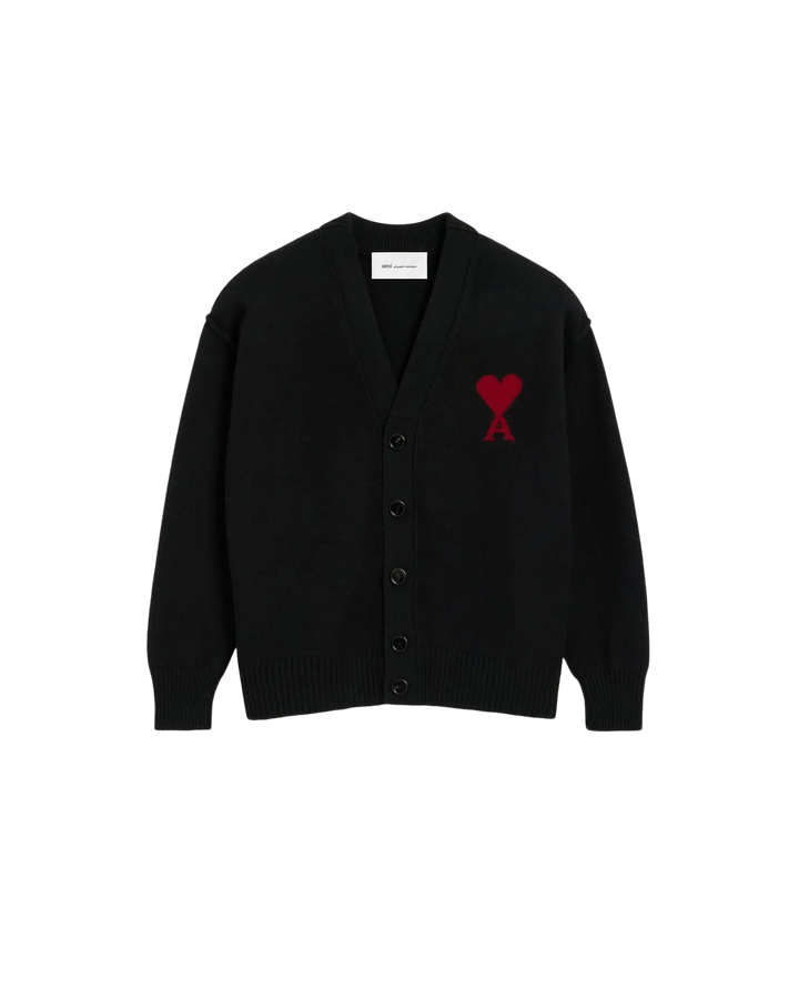 AMI PARIS – Cardigan en laine Ami de Cœur Noir / Rouge