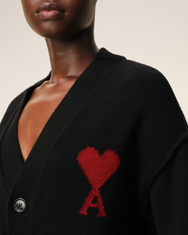 AMI PARIS – Cardigan en laine Ami de Cœur Noir / Rouge