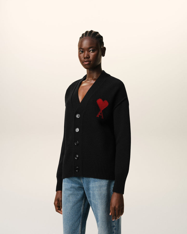 AMI PARIS – Cardigan en laine Ami de Cœur Noir / Rouge