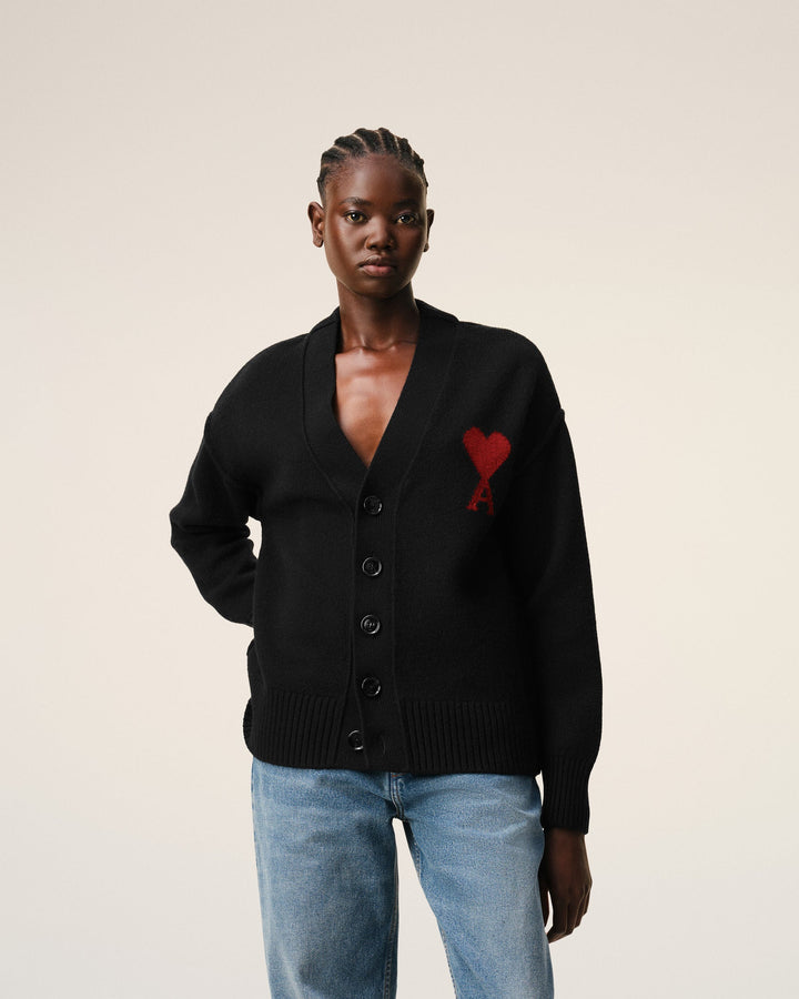 AMI PARIS – Cardigan en laine Ami de Cœur Noir / Rouge