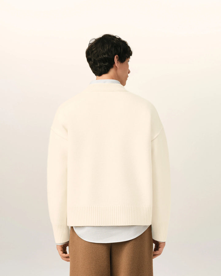 AMI PARIS - Pull col rond Ami de Cœur en laine mérinos Écru / Noir