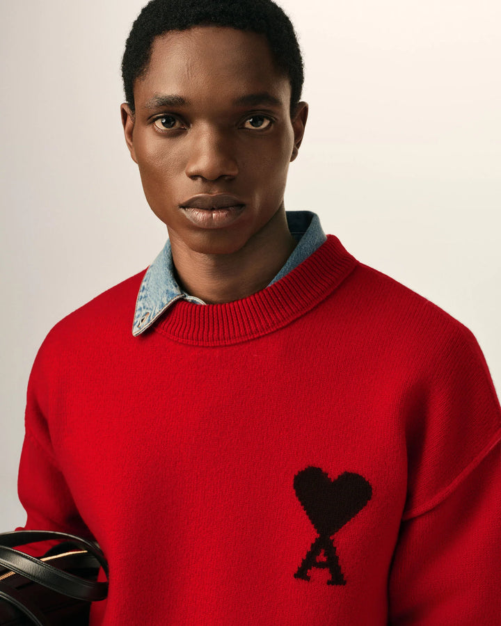 AMI PARIS - Pull Ami de Cœur en laine mérinos Rouge rubis / Noir