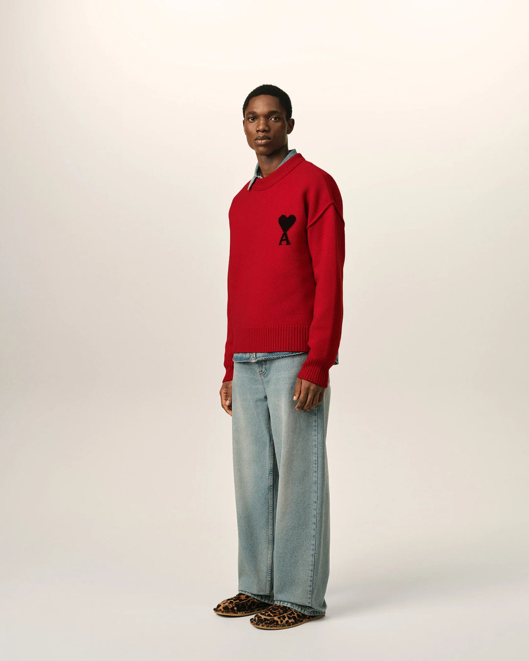 AMI PARIS - Pull Ami de Cœur en laine mérinos Rouge rubis / Noir