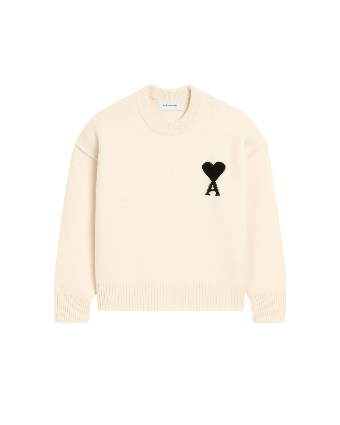 AMI PARIS - Pull col rond Ami de Cœur en laine mérinos Écru / Noir