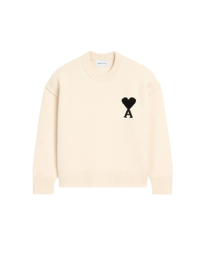 AMI PARIS - Pull col rond Ami de Cœur en laine mérinos Écru / Noir