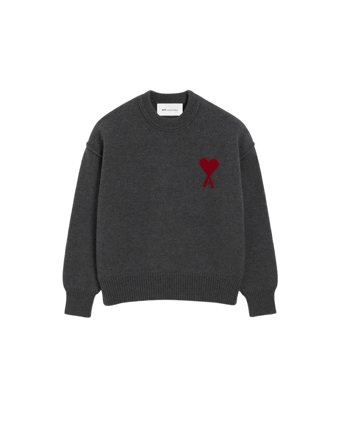 AMI PARIS – Pull en laine Ami de Cœur Gris chiné / Rouge