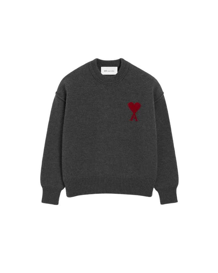 AMI PARIS – Pull en laine Ami de Cœur Gris chiné / Rouge