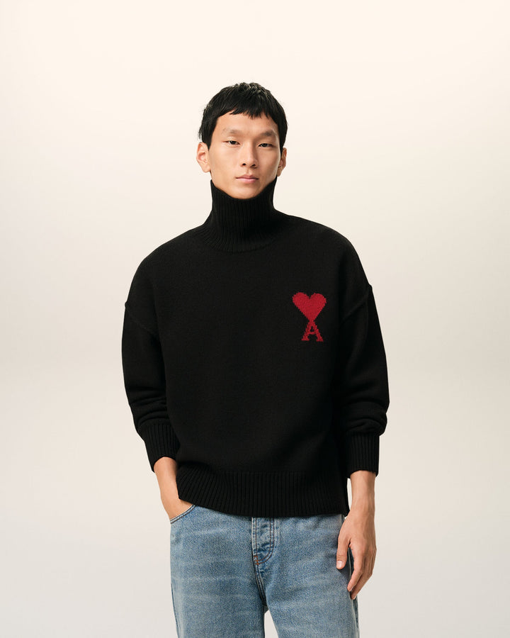 AMI PARIS – Pull à col montant en laine Ami de Cœur Noir / Rouge