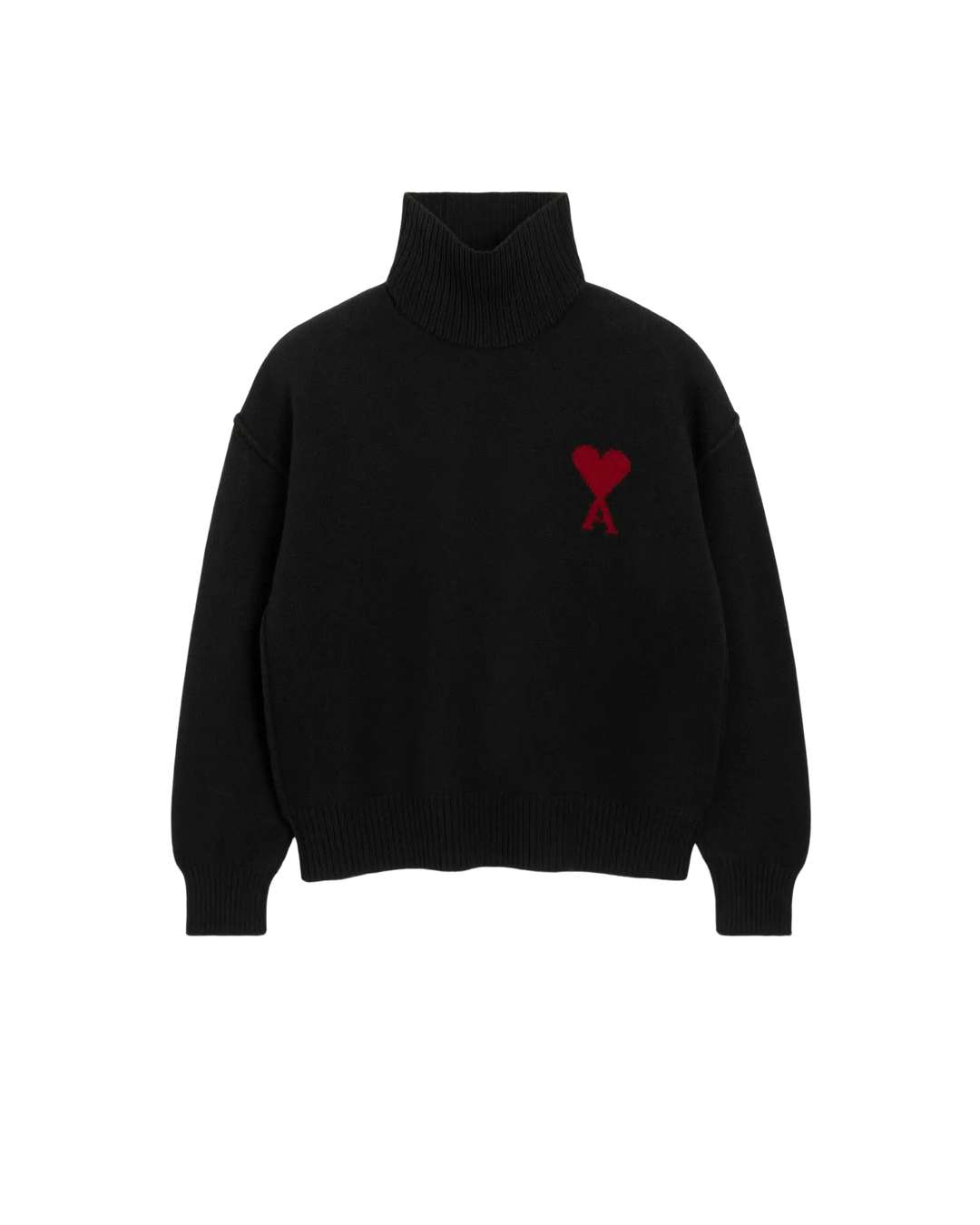 AMI PARIS – Pull à col montant en laine Ami de Cœur Noir / Rouge