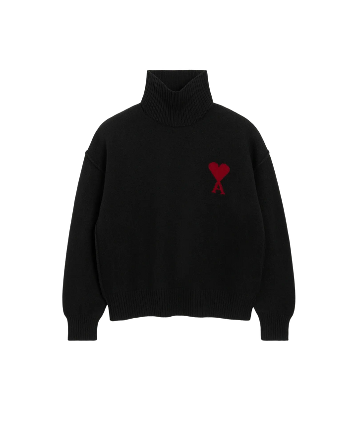 AMI PARIS – Pull à col montant en laine Ami de Cœur Noir / Rouge