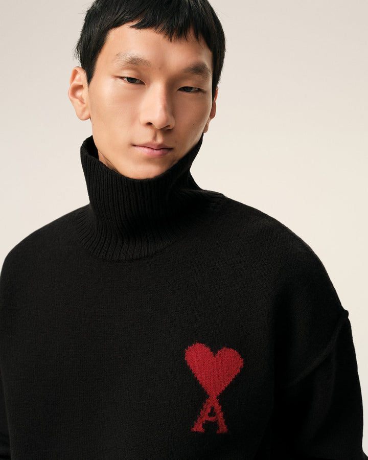 AMI PARIS – Pull à col montant en laine Ami de Cœur Noir / Rouge
