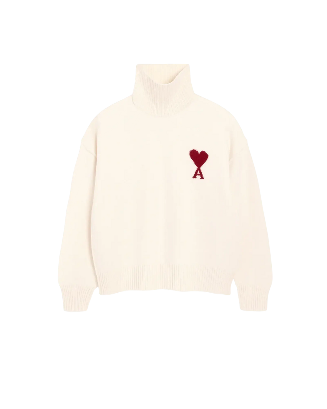 AMI PARIS - Pull col cheminée Ami de Coeur en laine Écru / Rouge