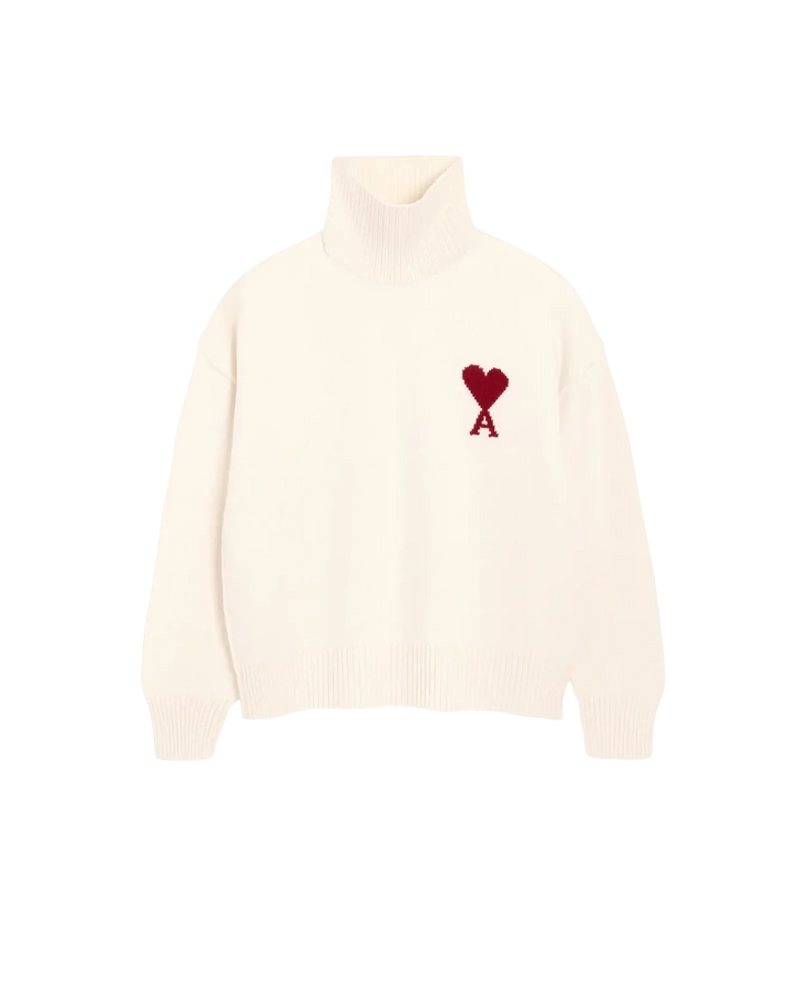 AMI PARIS - Pull col cheminée Ami de Coeur en laine Écru / Rouge